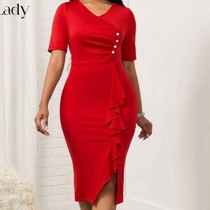 Elegant Side Red Ruffle Dress